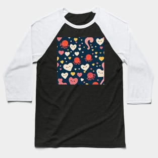 Hearts and Octopuses Swimming In The Sea - Super Cute Colorful Cephalopod Pattern Baseball T-Shirt